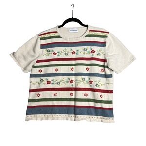 Alfred Dunner‎ Short Sleeve Sweater Top Size XL Floral Stripe Beaded Embroidered